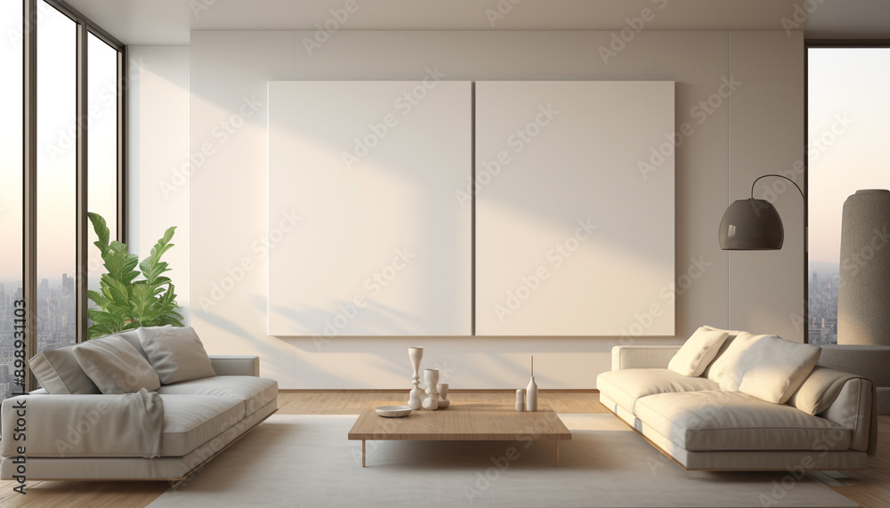 Fototapeta premium Contemporary family room minimalist decor with empty frame
