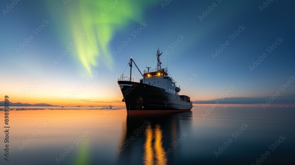 Ship at sea. Selective focus background and copy space