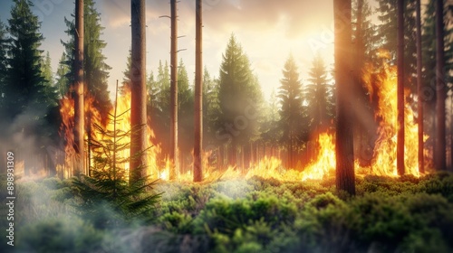 Forest fire. Selective focus background and copy space