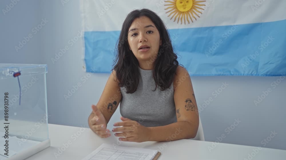 Young woman talking in an electoral college room with an argentinian flag in the background Young woman talking in an electoral college room with an argentinian flag in the background