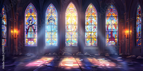 Igreja católica com vitrais iluminados.