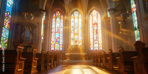Igreja católica com vitrais iluminados.