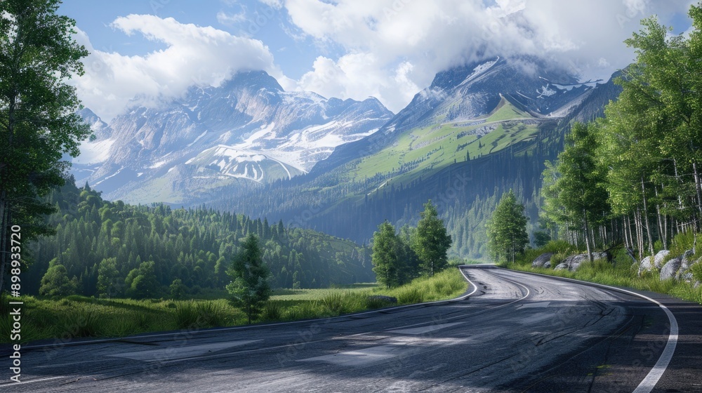 Fototapeta premium A winding road through a valley with a majestic mountain in the distance, ideal for outdoor adventure and travel stock photos