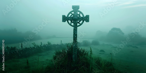 Cruz celta em uma paisagem verde envolta em neblina photo