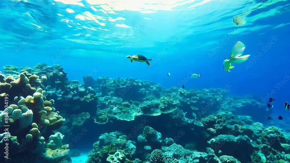 Sea Turtle and Fish Swimming Over Coral Reef. Sea Turtle and Fish Swimming Over Coral Reef.