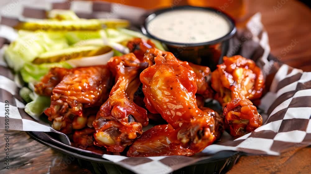 Spicy buffalo chicken wings with ranch dip and pickles on checkered paper Spicy buffalo chicken wings with ranch dip and pickles on checkered paper
