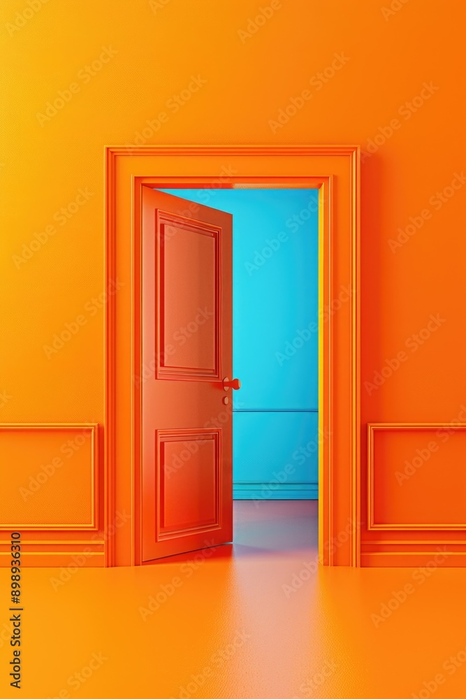 Open doorway in a bright orange room with sunshine and furniture Open doorway in a bright orange room with sunshine and furniture