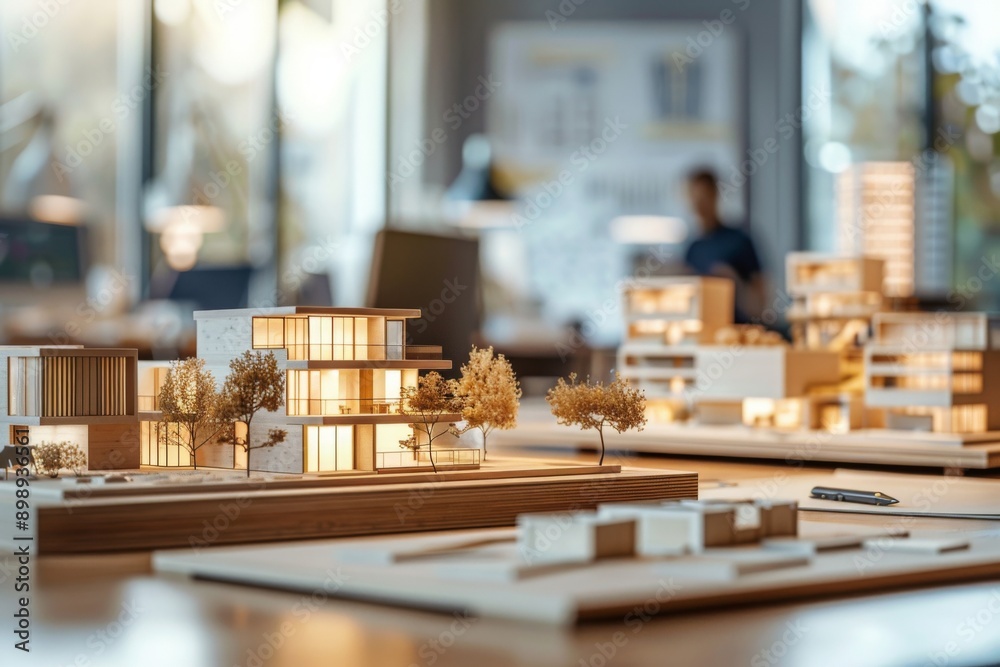 Businessmen Analyzing Futuristic 3D Rendered Models of City Residences on a Desk in a Real Estate Agency Office. Architectural Design, Residential Property, and Apartment Housing Concepts. Businessmen Analyzing Futuristic 3D Rendered Models of City Residences on a Desk in a Real Estate Agency Office. Architectural Design, Residential Property, and Apartment Housing Concepts.