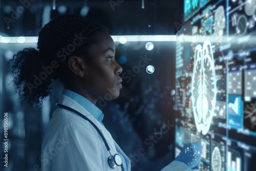 Black Female Doctor Analyzing Advanced Medical AI Data Hologram from Side View, Showcasing Cutting-Edge Technology in Healthcare and Medical Innovation. photo