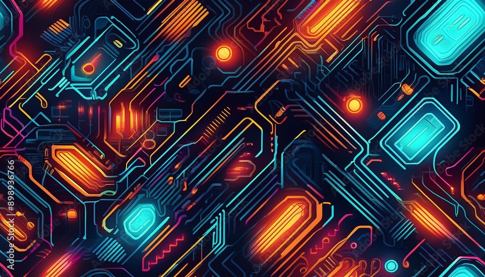 Abstract background with circuit board; illustrated and animated motherboard; semiconductor; computer components; stylized neon glowing circuit motherboard; 3D art Abstract background with circuit board; illustrated and animated motherboard; semiconductor; computer components; stylized neon glowing circuit motherboard; 3D art