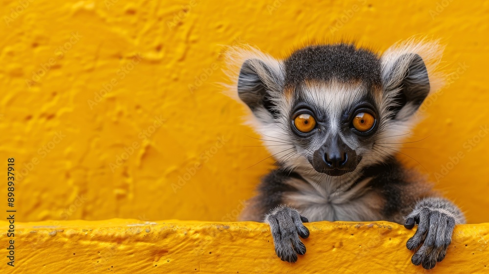 Young crowned lemur is holding onto a yellow wall with its hands and looking ahead Young crowned lemur is holding onto a yellow wall with its hands and looking ahead