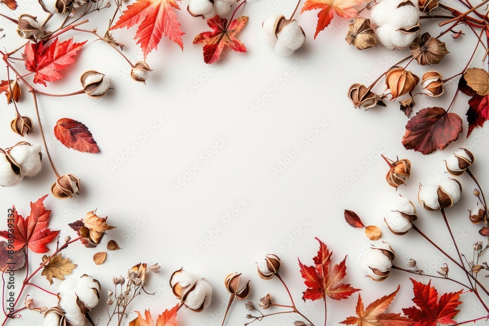 A decorative wreath made of cotton flowers and autumn leaves, perfect for seasonal or harvest-themed designs A decorative wreath made of cotton flowers and autumn leaves, perfect for seasonal or harvest-themed designs