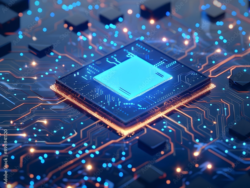 Futuristic glowing AI chip with blue neon circuits Futuristic glowing AI chip with blue neon circuits
