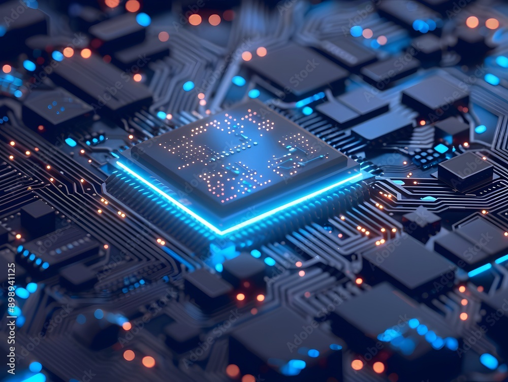 Fototapeta premium Futuristic glowing AI chip with blue neon circuits