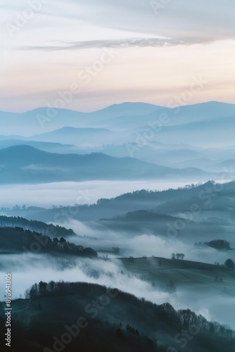 A misty landscape featuring a mountain range with fog rolling in