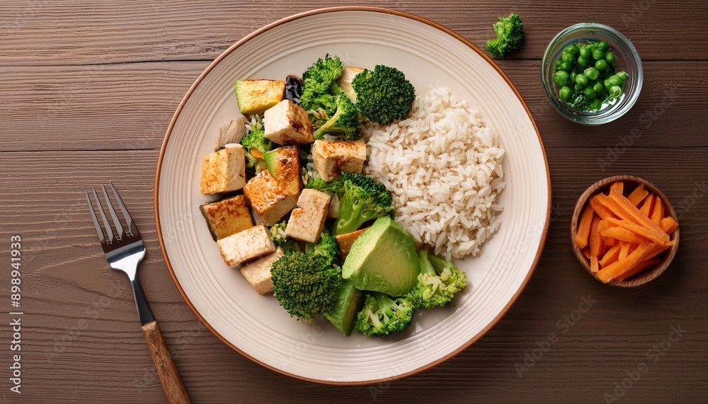 Flat lay of a balanced dinner plate featuring brown rice, steamed vegetables, and grilled to Flat lay of a balanced dinner plate featuring brown rice, steamed vegetables, and grilled to