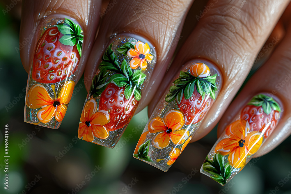 Woman's nails with strawberry and flower design, perfect for summer vibes.
