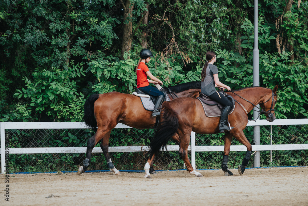 Two riders enjoy horseback riding in an outdoor arena. The scene is framed by lush green foliage, creating a serene atmosphere. Two riders enjoy horseback riding in an outdoor arena. The scene is framed by lush green foliage, creating a serene atmosphere.