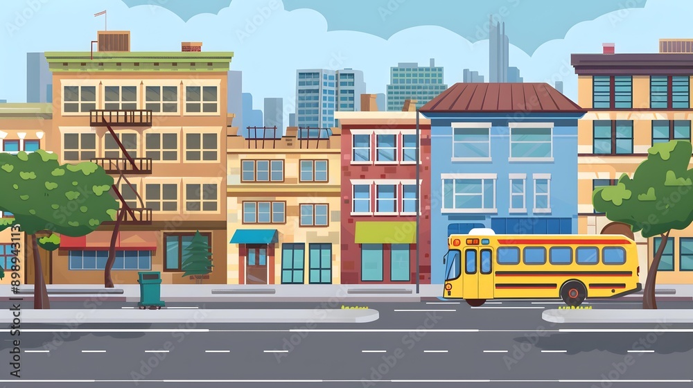 City Street with Yellow Bus Illustration City Street with Yellow Bus Illustration
