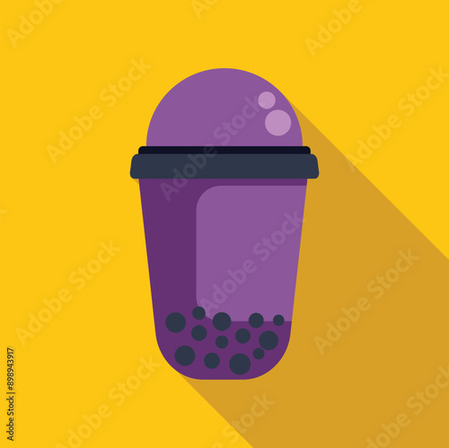 Plastic cup full of purple bubble tea casting a long shadow on a yellow background