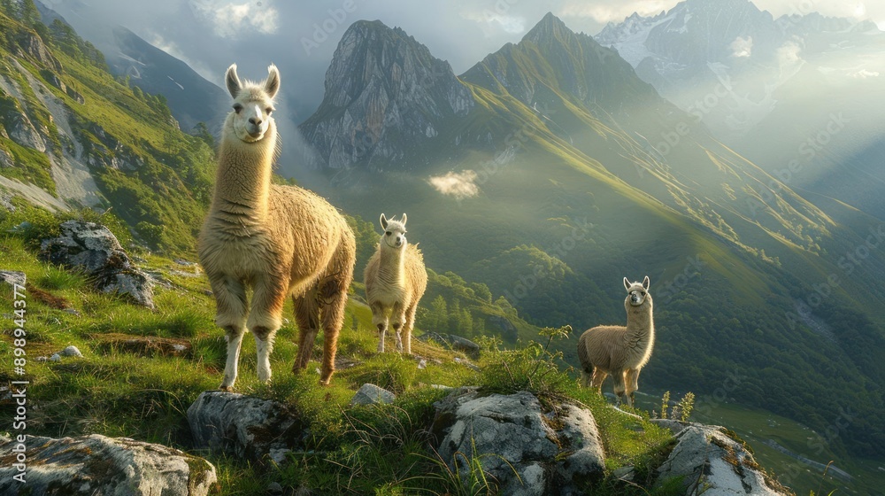 Naklejka premium three llamas standing on a mountain side with a valley in the background