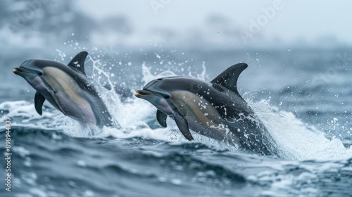 dolphins jumping out of the water in the ocean with their heads out © GradPlanet