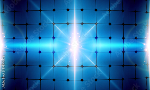  sun light on bright blue background. shiny 
through black fence lines.