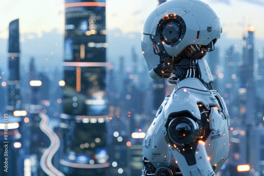 Robot overlooking city streets at night, urban landscape Robot overlooking city streets at night, urban landscape