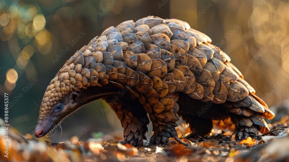 araffe walking on the ground in the forest with its head down