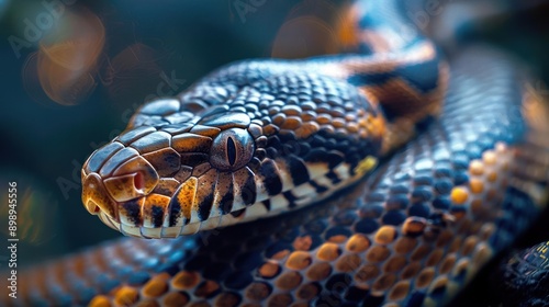 a close up of a snake with a black and orange stripe on its head photo