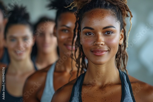 A confident young woman with dreadlocks stands in front of a diverse group, all wearing athletic gear, embodying empowerment and unity in fitness.