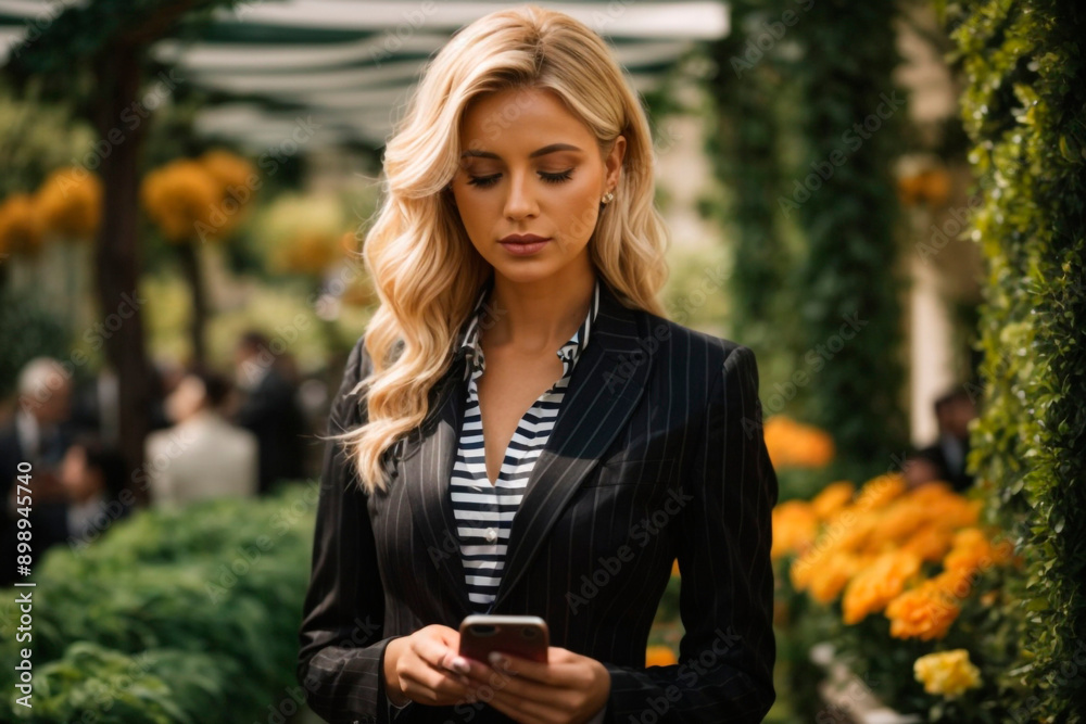 mujer rubia de elegante traje a rallas revisa mensajes de celular mujer rubia de elegante traje a rallas revisa mensajes de celular