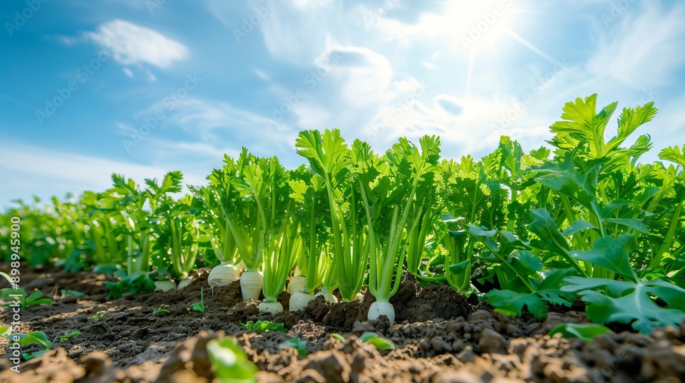 Obraz premium Vibrant Parsnip Field with Green Tops Under a Clear Blue Sky. Concept of Agriculture, Farming, Root Vegetables, Organic Produce