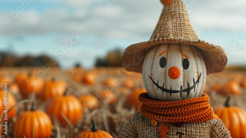 A scarecrow with a hat and a scarf stands in a field of pumpkins