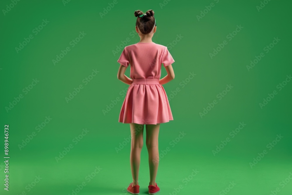 A young girl in a bright pink dress stands confidently, hands on her hips A young girl in a bright pink dress stands confidently, hands on her hips