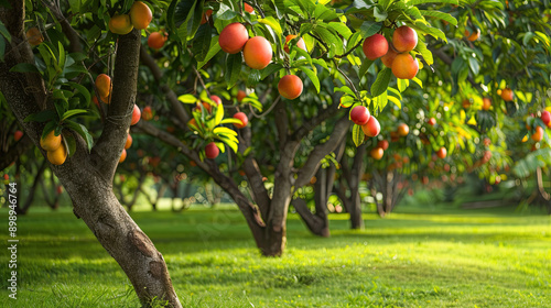 Mango garden on trees lush and fruitful orchard vibrant mangoes hanging from branches green foliage and sunny setting bountiful harvest tropical fruit trees serene and natural environment photo