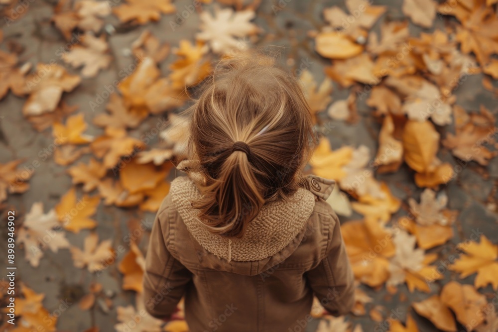 A young child stands amidst a heap of colorful autumn leaves A young child stands amidst a heap of colorful autumn leaves