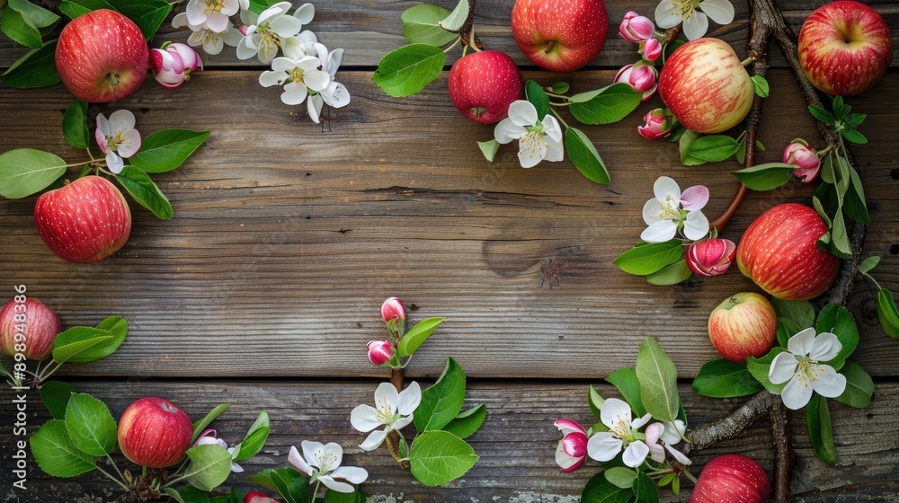 Spring flowers on wooden table with apple branch frame Spring flowers on wooden table with apple branch frame