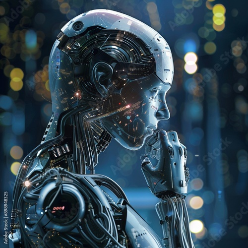 
A metal android merges with the digital world by interacting with data. The android interacts with glowing data on a reflective surface. The robot's design combines organic and mechanical elements. photo