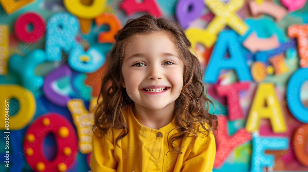 A smiling young girl with curly hair wearing a yellow shirt stands in front of a colorful background filled with large alphabet letters, creating a lively and educational setting. A smiling young girl with curly hair wearing a yellow shirt stands in front of a colorful background filled with large alphabet letters, creating a lively and educational setting.