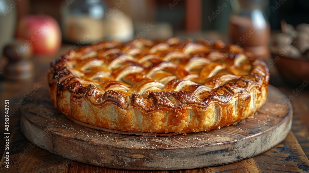 Freshly baked apple pie with a lattice crust resting on a wooden board, surrounded by rustic kitchen elements Freshly baked apple pie with a lattice crust resting on a wooden board, surrounded by rustic kitchen elements