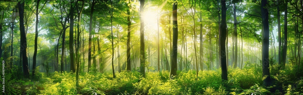 Fototapeta premium A serene forest scene with sunlight filtering through tall trees, illuminating the lush greenery.