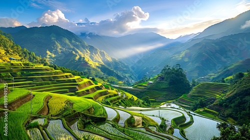 Beautiful terraced rice fields reflecting the sky with fully ripe crops on hill slopes. Concept of countryside landscape, agriculture, scenic view, natural beauty.. Copy space