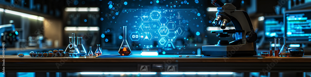 Fototapeta premium abstract laboratory and science concept pattern, microscope, flasks, beakers and glassware in medical, chemical or biological lab.