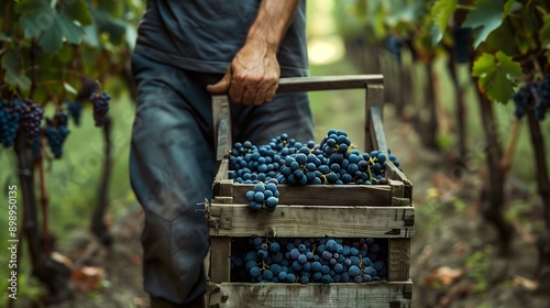 Farmer Harvesting Grapes in Vineyard