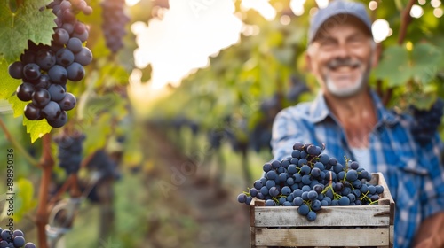 Farmer Harvesting Grapes in Vineyard