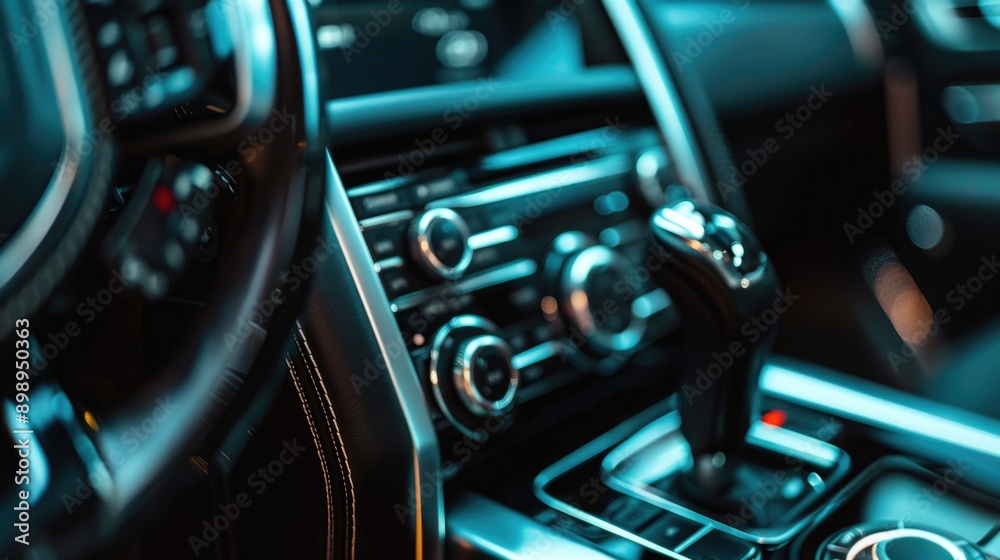 Close-up shot of a car's interior showing the gear stick and surrounding details Close-up shot of a car's interior showing the gear stick and surrounding details