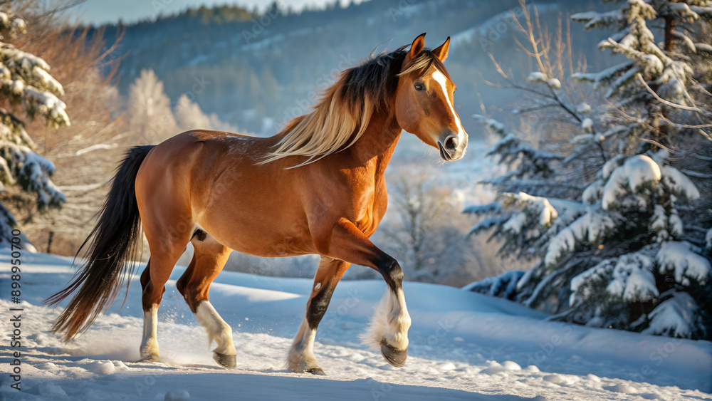 a horse in walking in a winter, snow everywhere a horse in walking in a winter, snow everywhere
