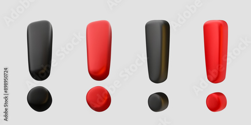 3D realistic black and red exclamation mark icon set. Isolated vector warning signs in perspective