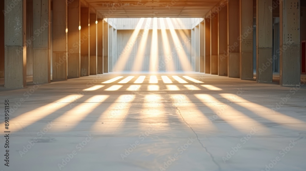 Fototapeta premium This photograph features columns casting elongated shadows in an architectural space, with beams of sunlight streaming through, conveying a sense of structure, stability, and dynamic interplay of lig